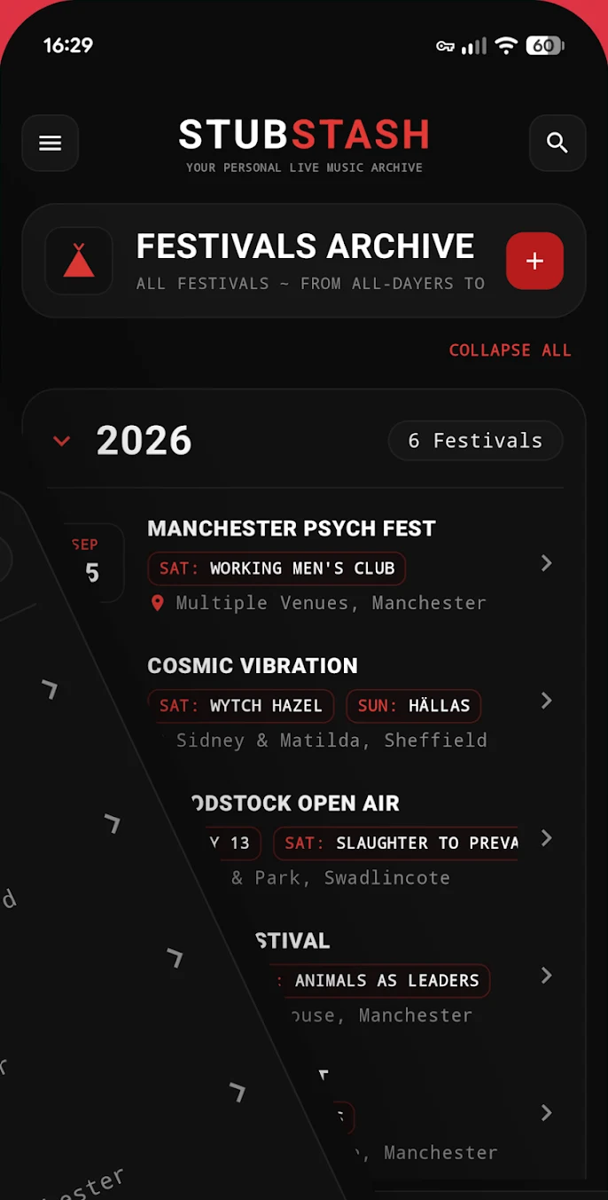 StubStash festivals archive screen